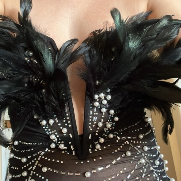 Halloween Feather Rhinestone Mesh Mini Dress Whimsigoth Costume Flapper Witch - Picture 6 of 11